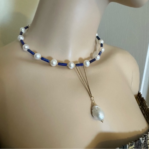 C106 New Handmade Natural Freshwater Pearl and Lapis Lazuli Choker - Picture 11 of 14